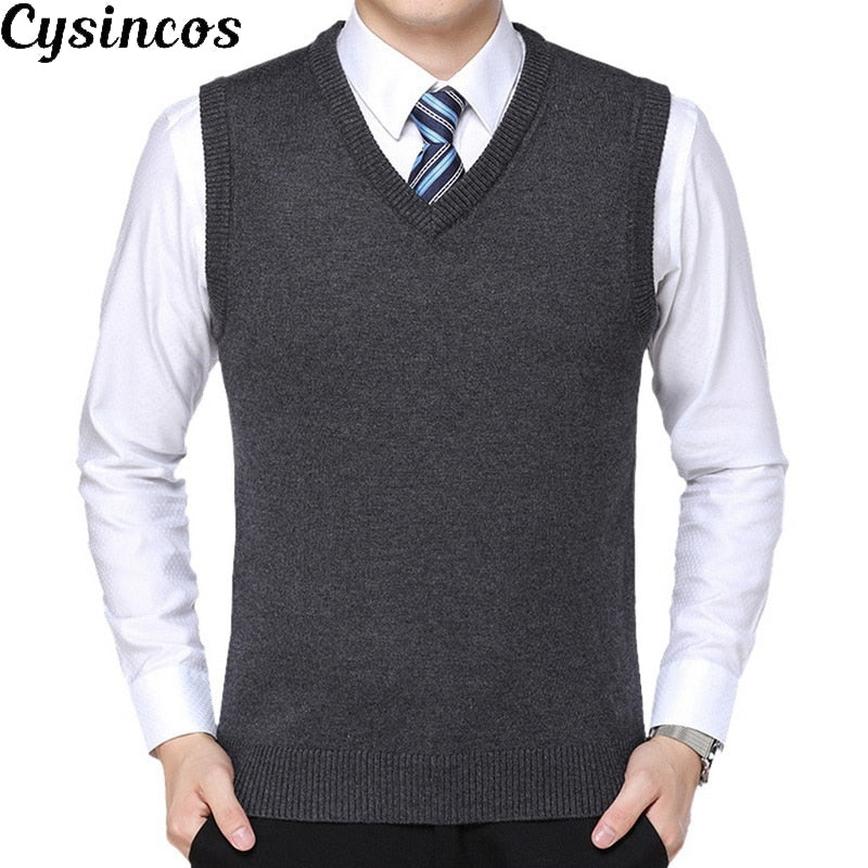 CYSINCOS 2019 New Arrival Solid Color Sweater Vest Men Cashmere Sweater Wool Pullover Men Brand V-Neck Sleeveless Jersey Hombre
