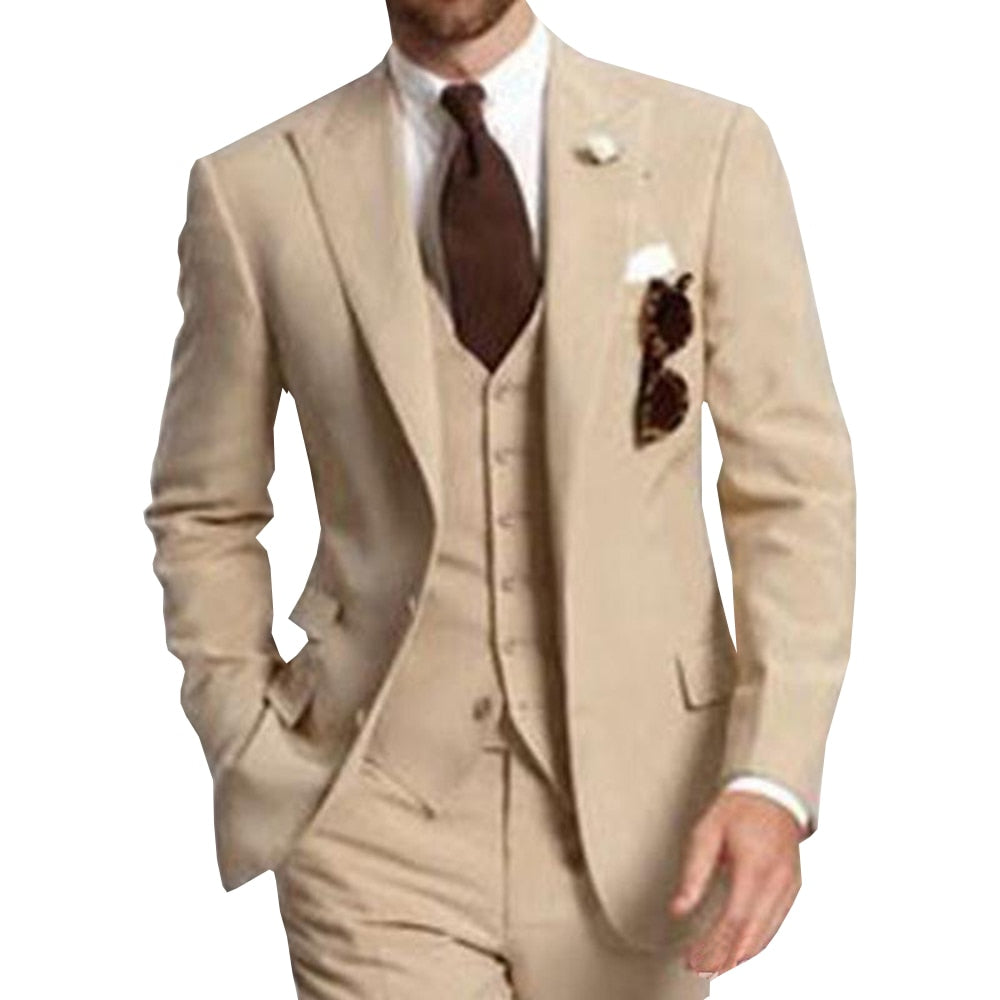 Beige Three Piece Business Party Best Men Suits Peaked Lapel Two Button Custom Made Wedding Groom Tuxedos 2019 Jacket Pants Vest