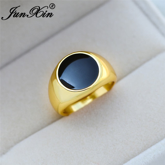 Vintage Mens Black Stone Geometric Rings For Men 925 Silver Yellow Gold Color Big Wedding Bands Male Engagement Party Jewelry