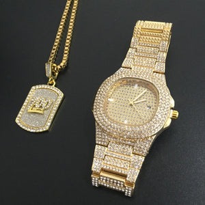 Luxury Gold hip hop jewelry stylish watch & Necklace Combo Set Watch Men hip hop necklace chain Ice Out cuban Watch For Men