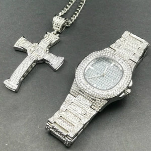 Luxury Gold hip hop jewelry stylish watch & Necklace Combo Set Watch Men hip hop necklace chain Ice Out cuban Watch For Men