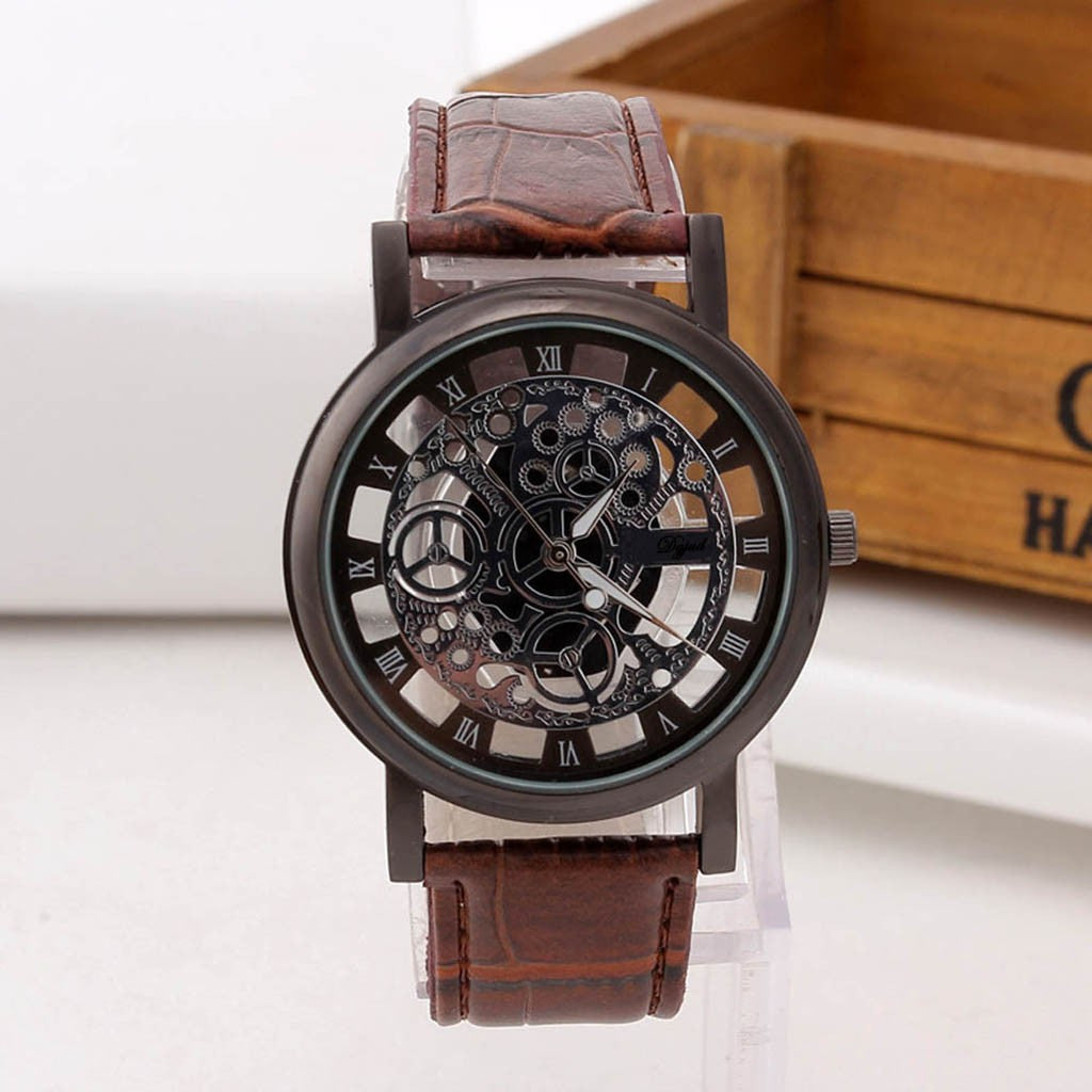Quartz Watch Men Luxury Simple 12 Colors Hollow Stainless Steel Quartz Military наручные часы Sport Buckle Leather Wrist Watch