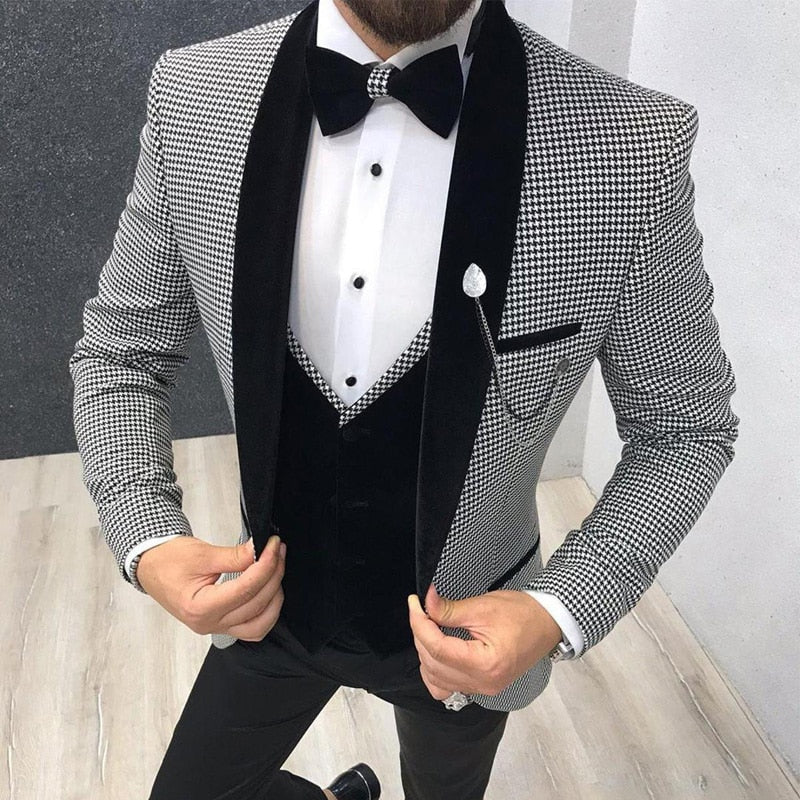 3 Piece Houndstooth Men Suit Slim Fit for Dinner Party Prom Tailor made Suit Groom Wedding Tuxedo Best Man Jacket Pants Vest