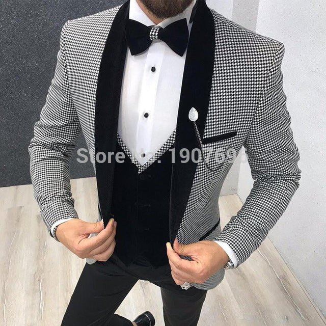 3 Piece Houndstooth Men Suit Slim Fit for Dinner Party Prom Tailor made Suit Groom Wedding Tuxedo Best Man Jacket Pants Vest