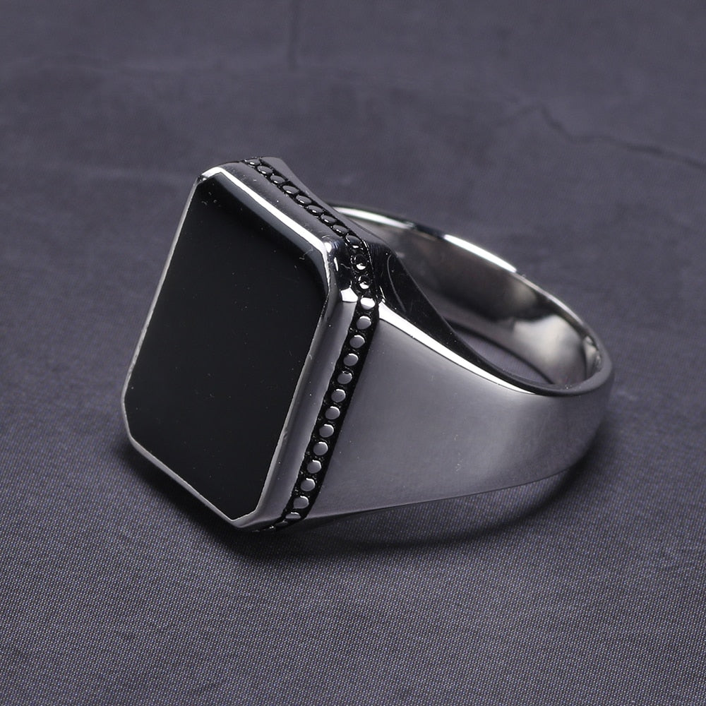 Real Solid 925 Sterling Silver Ring Simple For Men Imitated Black Stone Square Flat High Polishing Middle East Turkish Jewelry