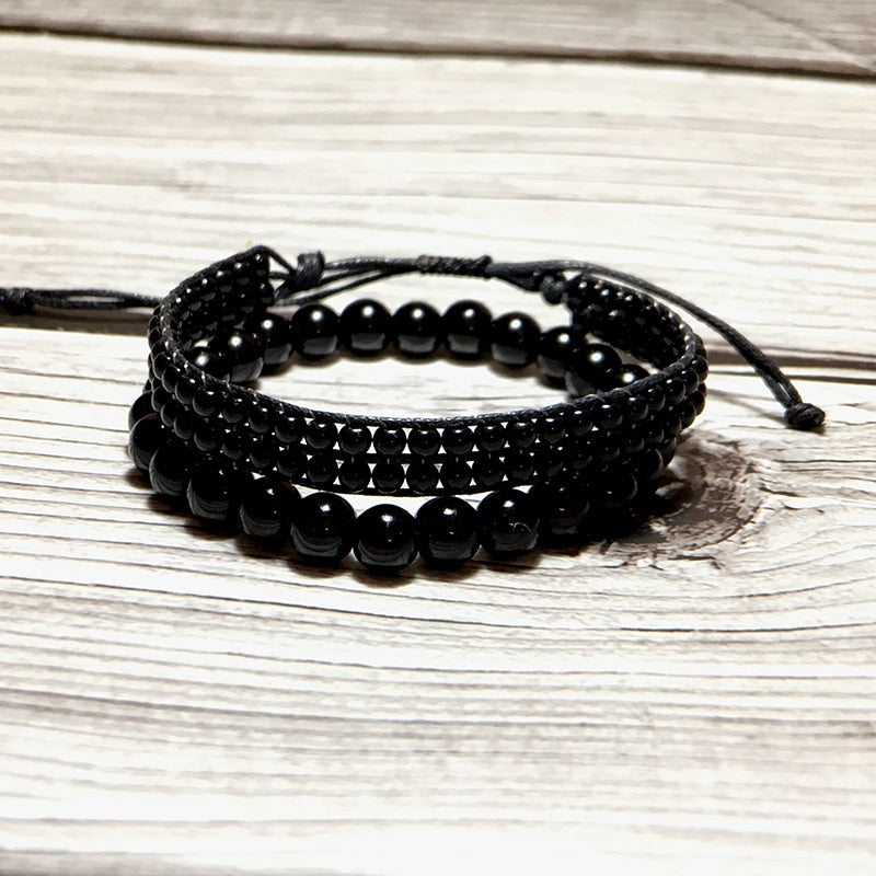 Fashion 2 Pcs/ Set Black Obsidian Bracelet Charm Handmade Buddha Braclet For Men Yoga Meditian Jewelry Erkek Bileklik Homme